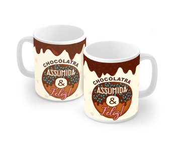 Caneca de Porcelana 320 ml decoração faixa- Páscoa - Chocólatra assumida e feliz! P1