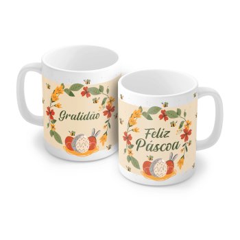 Caneca de Porcelana 320 ml decoração faixa- Gratidão, Feliz Páscoa P 9